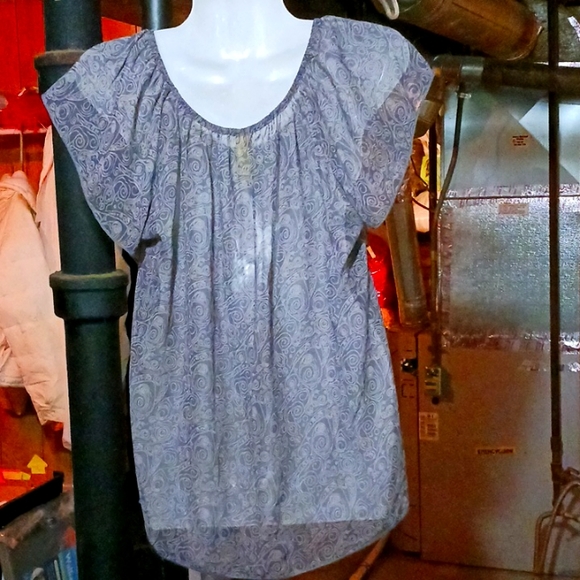 FINAL Price before donated. Be Stiched Purple/Grey Silky Sheer Blouse Sz S - Picture 2 of 13